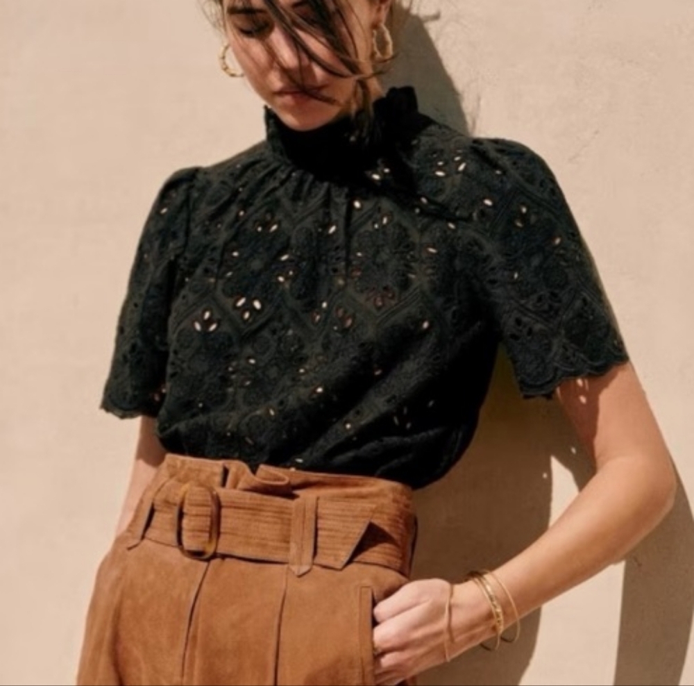 Sezane Louisah Eyelet Lace Short Sleeve High Neck Blouse Black